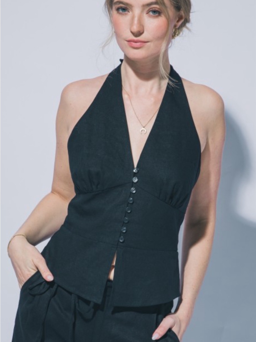 Women's Black Linen Halter Button-Front Top
